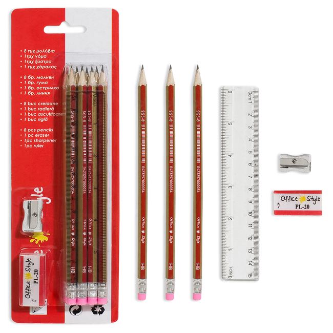Creioane cu Radiera, Rigla, Ascutitoare, Radiera - 8buc
