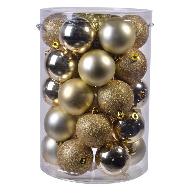Set Globuri de Craciun Aurii Mat Stralucitoare cu Glitter 7cm  - 30buc
